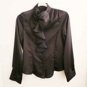 NWOT Shiny Black Blouse with Cascade Ruffle, Med